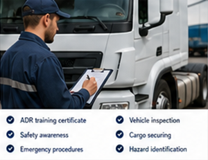ADR certificirani vozač pregledava vozilo za prijevoz opasnih tvari u Europi