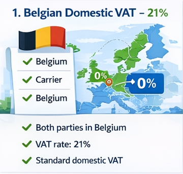 Karta Belgije s rutama prijevoza koje prikazuju primjenu domaćeg PDV-a od 21% na ExusTrans računima