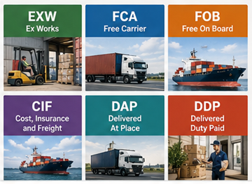 Pregled najčešćih Incotermsa uključujući EXW, FOB, CIF, DDP i DAP u globalnoj logistici