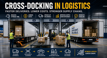 Cross-docking skladište s kamionima koji utovaraju i istovaraju robu u modernom europskom logističkom centru