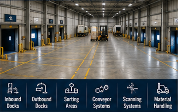 Cross-docking terminal s utovarnim rampama, kamionima i sortiranjem