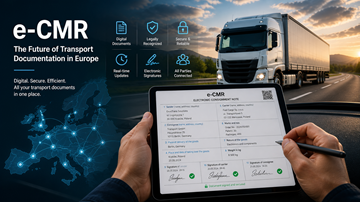Vozač koristi tablet s digitalnim CMR dokumentom tijekom cestovnog prijevoza u Europi, što predstavlja modernu digitalizaciju logistike