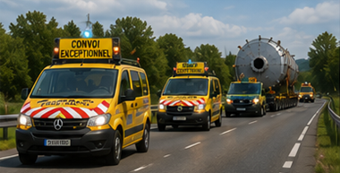 Prateća vozila prate konvoj izvanrednog prijevoza na europskoj autocesti
