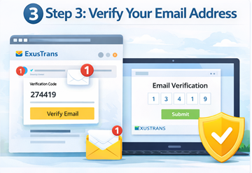 Verifikacija e-mail adrese na ExusTransu korištenjem numeričkog koda za potvrdu tijekom registracije kupca