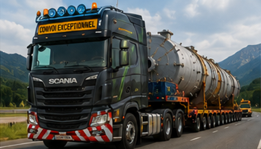Tegljač za teški transport vuče prikolicu s prevelikim teretom na autocesti