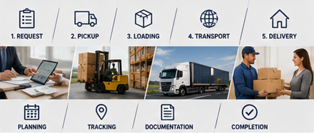 Proces prijevoza tereta od preuzimanja do dostave uz logističke operacije i rukovanje teretom