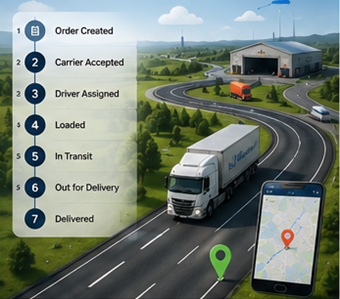 Digitalni logistički proces koji prikazuje praćenje pošiljaka, GPS rute i ažuriranja statusa transporta