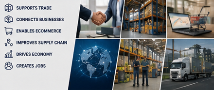 Europski lanac opskrbe u logistici tereta sa skladištima, kamionima i distribucijskim operacijama