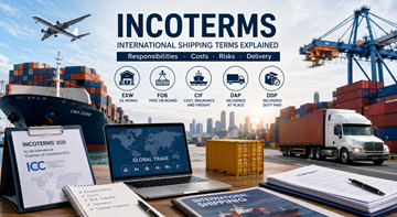 Međunarodni prijevoz tereta s kontejnerima, kamionima, brodovima i logističkim stručnjacima koji objašnjavaju Incoterms za globalnu trgovinu