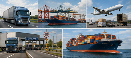 Međunarodni prijevoz tereta s kamionima na granici, brodovima za teret, carinom i globalnim logističkim operacijama