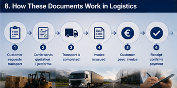Logistički tijek rada koji prikazuje ponudu, račun, potvrdu o uplati i proces plaćanja na transportnoj platformi