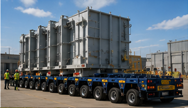 Modularni sustav prikolice za teški transport koji prevozi preveliki industrijski teret
