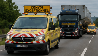 Prateća vozila koja prate konvoj prevelikog transporta na europskoj autocesti