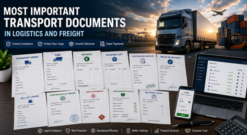 Zbirka važnih transportnih dokumenata uključujući CMR, račun, carinske papire i digitalno logističko praćenje u Europi