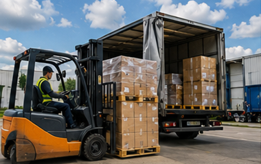 Paletni prijevoz sa složenim paletama, viličarima, logističkim kamionima i skladišnim operacijama rukovanja teretom