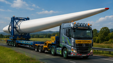 Specijalizirana prikolica koja prevozi lopaticu vjetroturbine diljem Europe